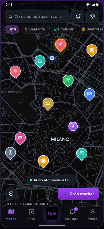 Mappa di Milano nell'app I AM MUSIC con i marker di cantanti, producer e studi