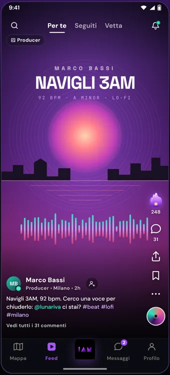 Feed dell'app I AM MUSIC con un brano, la sua onda audio, i vibe e i commenti