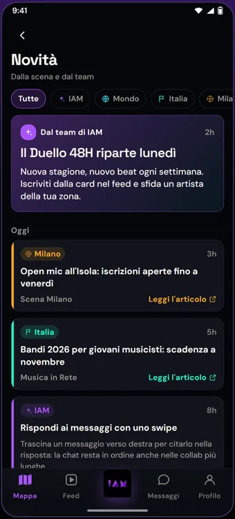 Novità della scena nell'app I AM MUSIC: notizie del team, open mic e bandi